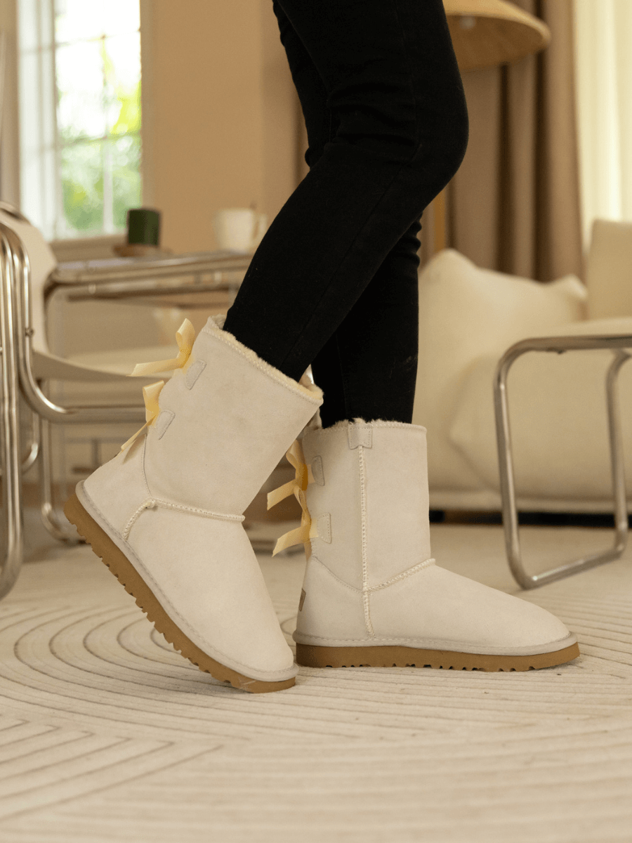 UGG Double Ballet Ribbon Bow Suede Shearling Boots - Ivory