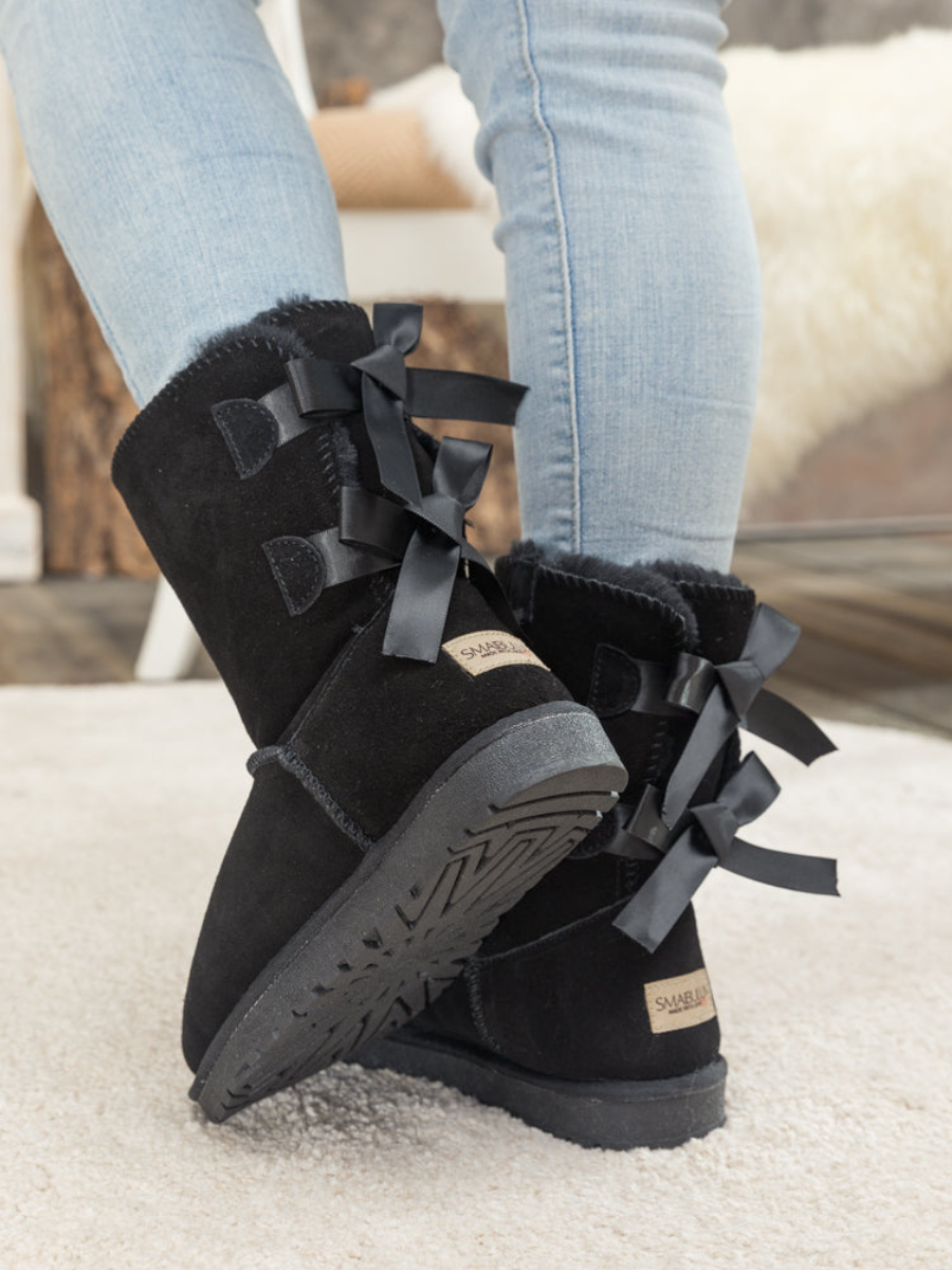 UGG Double Ballet Ribbon Bow Suede Shearling Boots - Black