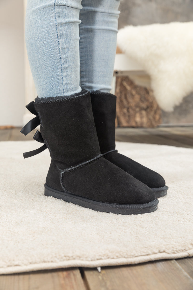 UGG Double Ballet Ribbon Bow Suede Shearling Boots - Black