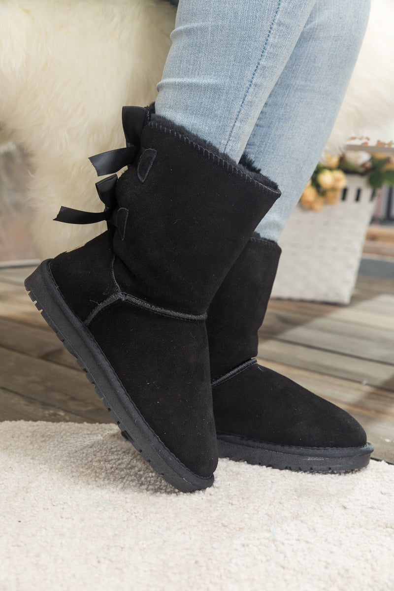 UGG Double Ballet Ribbon Bow Suede Shearling Boots - Black