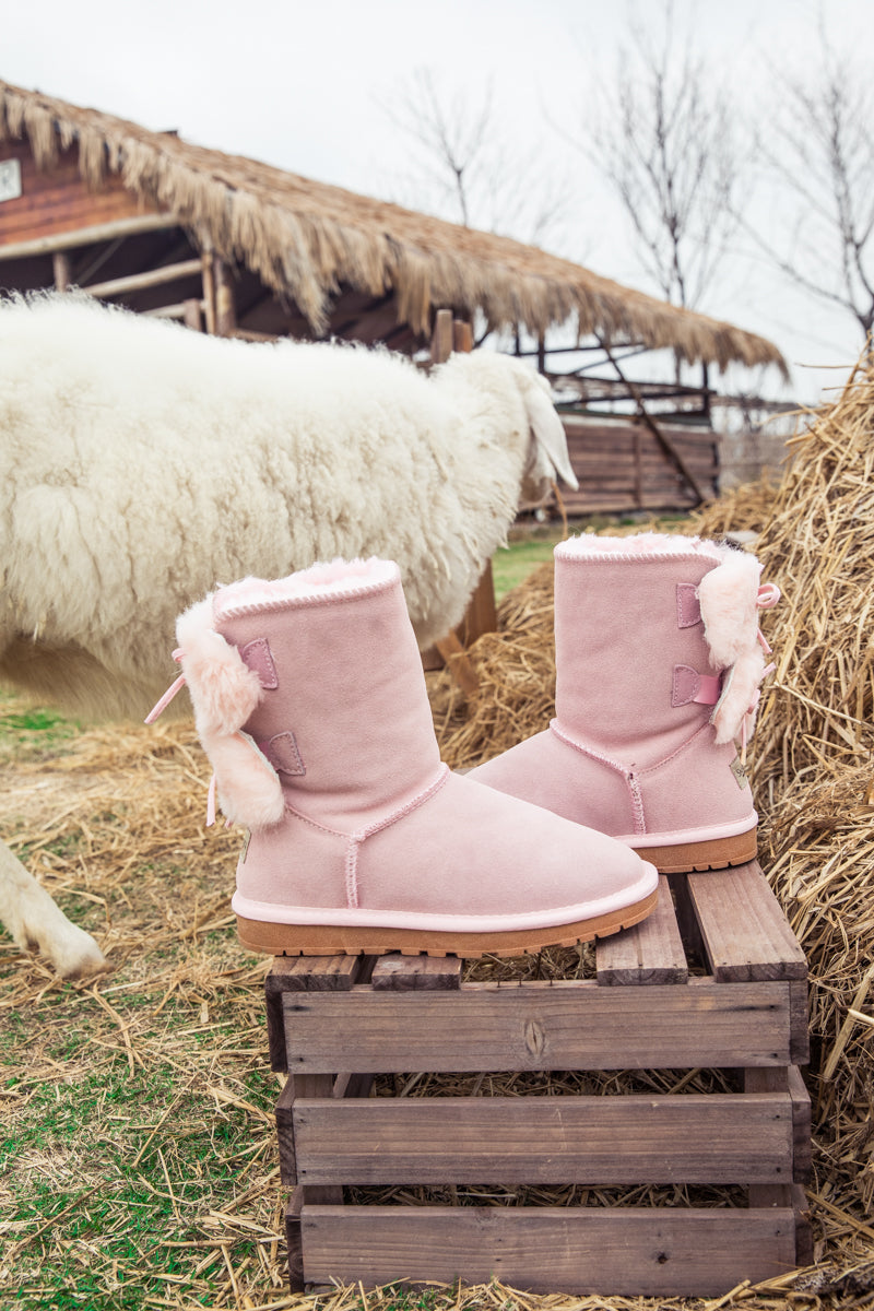 UGG Back Woollen Bow Suede Boots - Pink