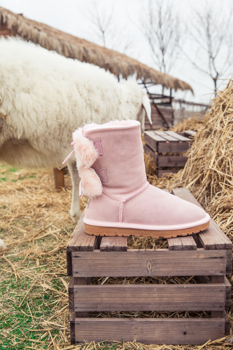 UGG Back Woollen Bow Suede Boots - Pink